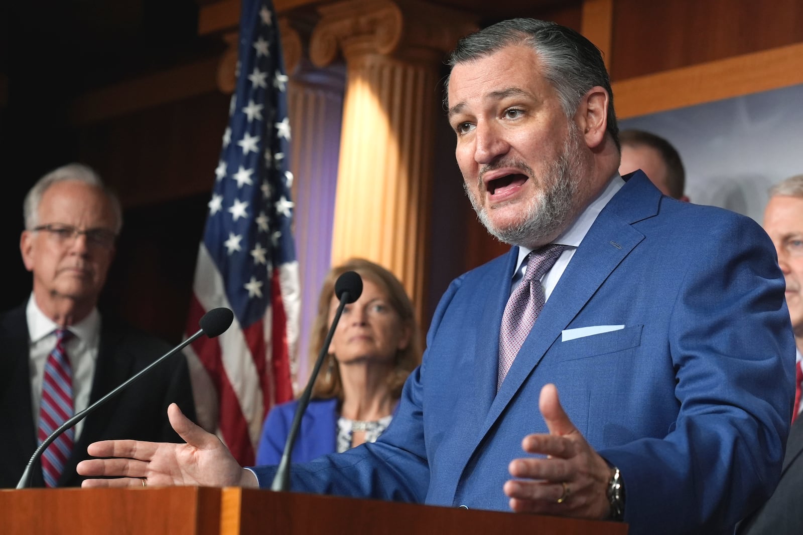 FILE - Sen. Ted Cruz, R-Texas, right, with several of his Senate colleagues, speaks during a news conference on Capitol Hill, Thursday, April 18, 2024, in Washington. (AP Photo/Mariam Zuhaib, File)