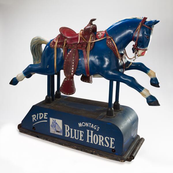 This coin-operated Blue Horse was among the promotional devices used to expand sales of Blue Horse tablets, produced ty the Montag Brothers stationery company. Photo: The Breman Museum