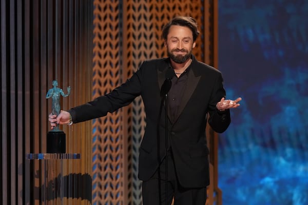 Kieran Culkin accepts the award for outstanding performance by a male actor in a supporting role for "A Real Pain" during the 31st annual Screen Actors Guild Awards on Sunday, Feb. 23, 2025, at the Shrine Auditorium in Los Angeles. (AP Photo/Chris Pizzello)