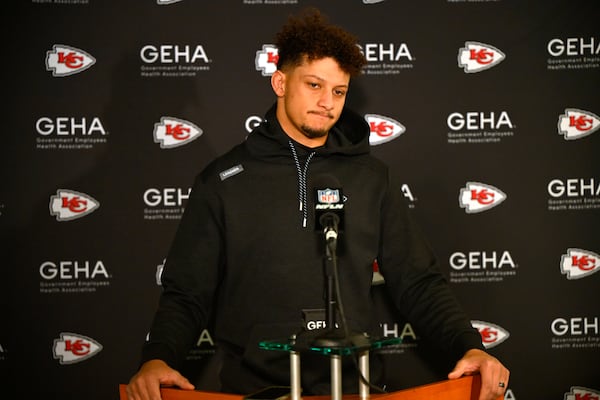 Kansas City Chiefs quarterback Patrick Mahomes speaks at a news conference after an NFL football game against the Cleveland Browns in Cleveland, Sunday, Dec. 15, 2024. (AP Photo/David Richard)