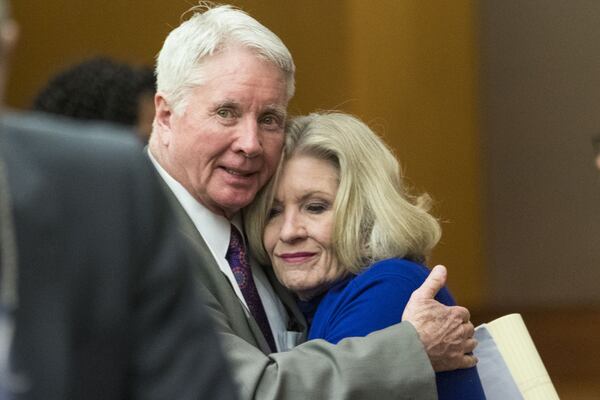 Claud “Tex” McIver embraces his sister, Dixie Martin, during the second day of his trial before Fulton County Superior Court Chief Judge Robert McBurney on Wednesday, March 14, 2018. (ALYSSA POINTER/ALYSSA.POINTER@AJC.COM)