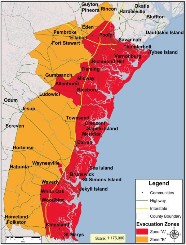 Here are the Hurricane evacuation zones for the Georgia coast. (Source: Georgia Hurricane Guide)