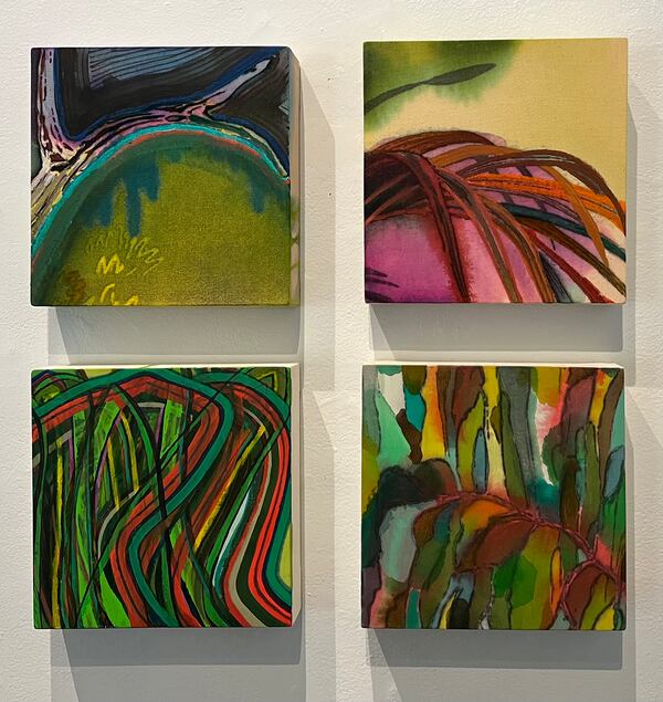 Steven L. Anderson's (clockwise from top left)  “Unidentified Willow #2,” “Kentia belmoreana #3,” “European Ash,” and “Kentia belmoreana #2” (all 2021) are hung in a grid and engage in conversation with one another. Photo: Deanna Sirlin