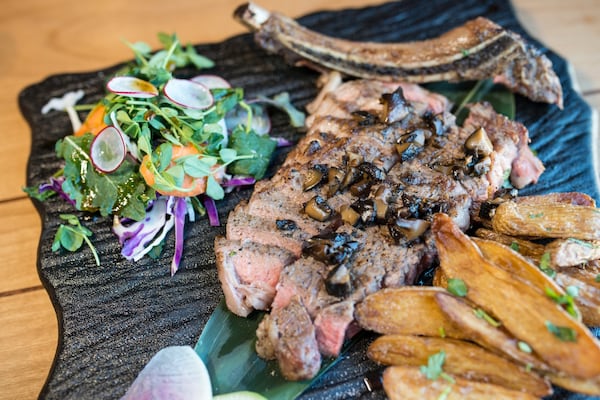  Hopstix Hopsteak, 16-ounce bone-in ribeye with shiitake-mushroom-wasabi butter and fingerling potatos. Photo credit- Mia Yakel.