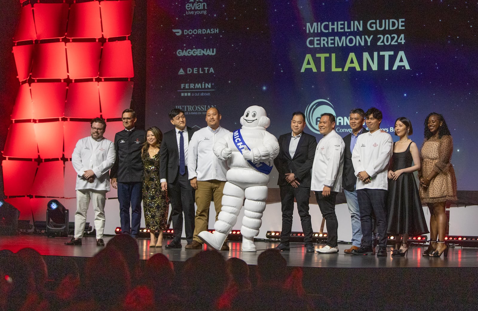 Staplehouse chefs Ryan Smith and Kara Hidinger; Spring chef Brian So; Omakase Table chef Leonard Yu and O By Brush chef Jason Liang on stage with their staffs.