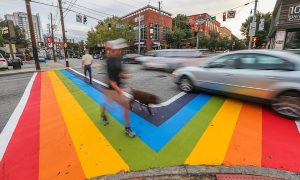 The rainbow crosswalks of 10th and Piedmont Avenue in a 2015 file photo. JOHN SPINK /JSPINK@AJC.COM