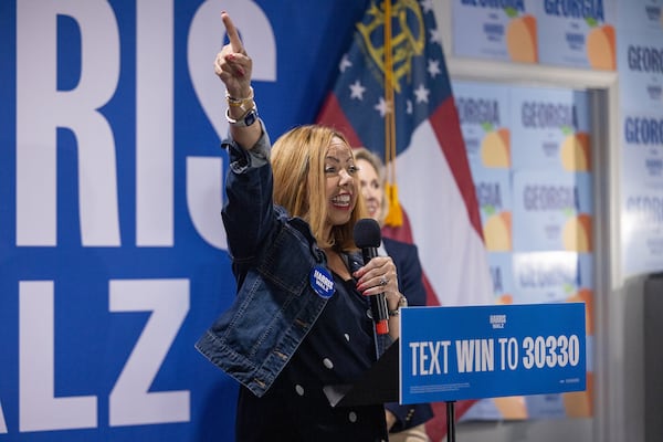 U.S. Rep. Lucy McBath, D-Marietta, speaks at a rally with Minnesota first lady Gwen Walz and President and CEO of Planned Parenthood Action Fund Alexis McGill during early voting in Mableton, Georgia, on October 31, 2024. (Nathan Posner for the Atlanta Journal-Constitution)