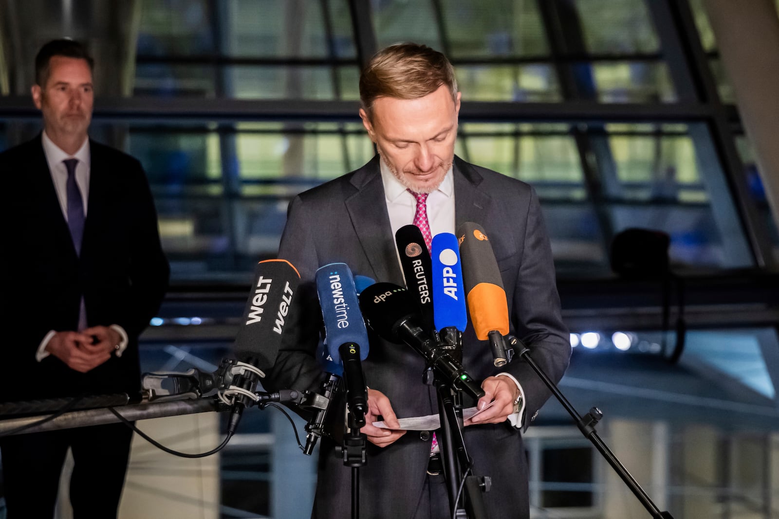 Federal Minister of Finance Christian Lindner makes a press statement following his dismissal by the Federal Chancellor in Berlin, Wednesday Nov. 6, 2024. (Kay Nietfeld/dpa via AP)