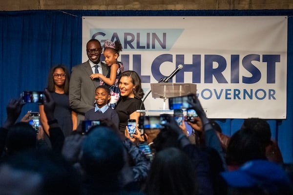 Michigan Lt. Gov. Garlin Gilchrist II poses for a photo with his wife, Ellen, and their children after announcing his candidacy for governor of Michigan on Tuesday, March 11, 2025, at the Jam Handy in Detroit. (Katy Kildee/Detroit News via AP)