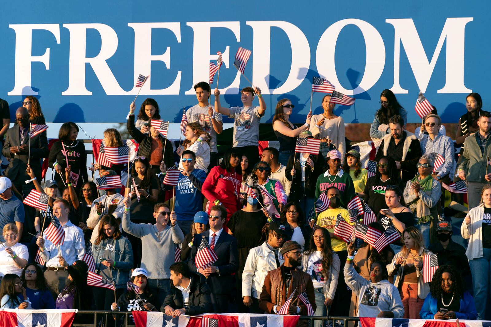 Supporters arrive before Democratic presidential nominee Vice President Kamala Harris speaks a campaign rally on the Ellipse in Washington, Tuesday, Oct. 29, 2024. (AP Photo/Jose Luis Magana)