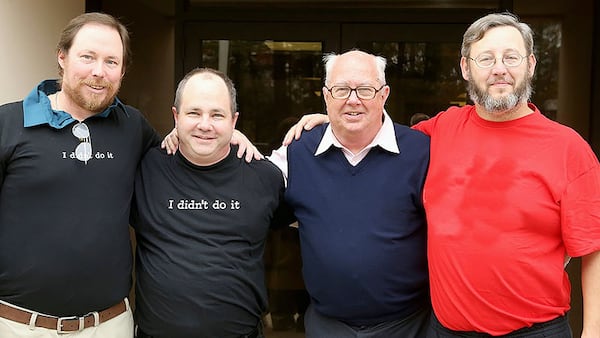 Jim McCloskey, second from right, poses for a photo with three men he helped free from prison. From left, Kenny Gardiner, Dominic Lucci, McCloskey and Mark Jones. McCloskey founded Centurion Ministries, a New Jersey nonprofit that works to free wrongfully convicted inmates. (Image courtesy of Diane Bladecki)