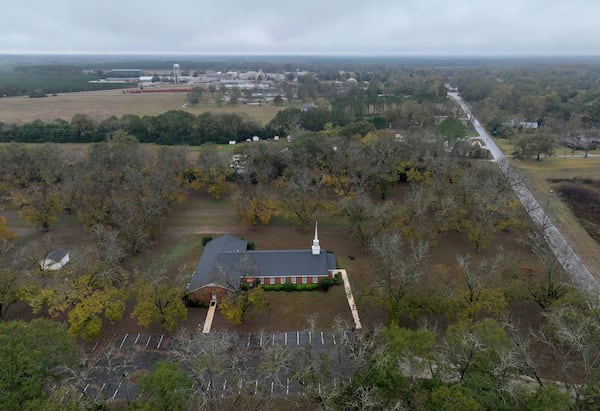 Aerial photo shows Maranatha Baptist Church (foreground) and downtown Plains (background), Tuesday, November 21, 2023, in Plains. The Carter Center said late Sunday that ceremonies celebrating former first lady Rosalynn Carter will take place the week after Thanksgiving in Atlanta and Sumter County, Georgia. Rosalynn Carter, the wife of former President Jimmy Carter, died Sunday in the couple’s hometown of Plains. She was 96 years old. (Hyosub Shin / Hyosub.Shin@ajc.com)