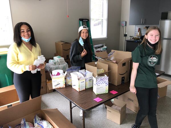 In connection with her Catholic confirmation, Rachel Everett hosted a charity drive reaching out to family, friends, classmates and Instagram followers. Together with two of her friends, approximately 150 kits were assembled to donate to Rev. Dawkins last Sunday. (L-R: Gabrielle Welch, Ella Toth and Rachel Everett).