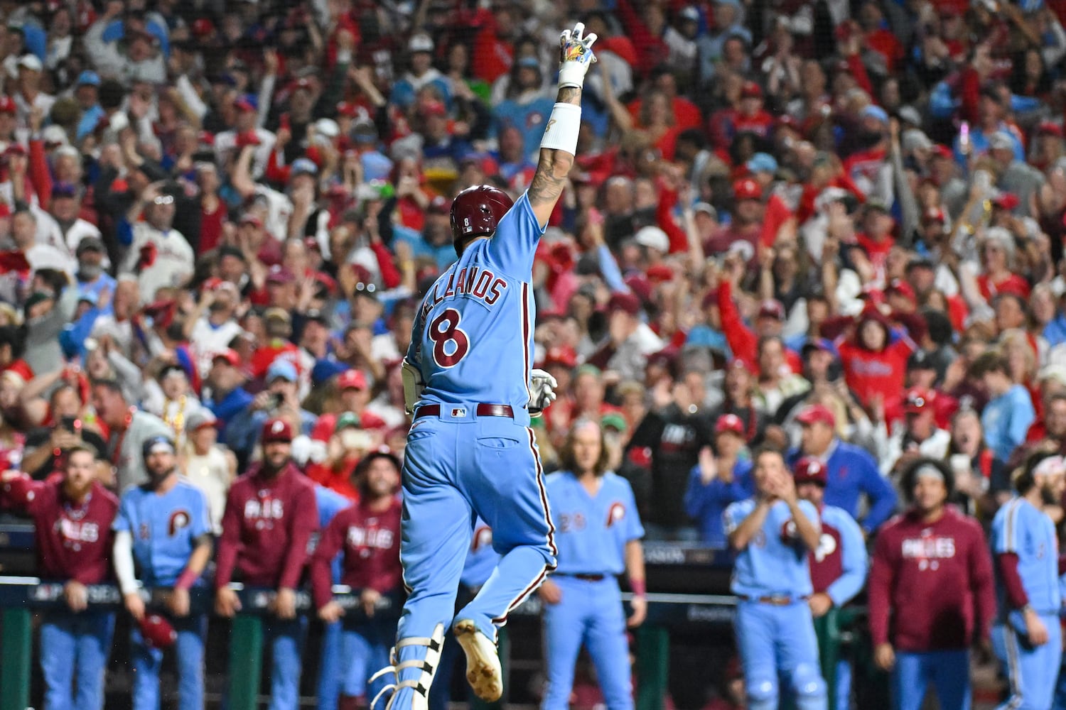 Philadelphia Phillies’ Nick Castellanos celebrates a solo home run against the Atlanta Braves during the sixth inning of NLDS Game 4 at Citizens Bank Park in Philadelphia on Thursday, Oct. 12, 2023.   (Hyosub Shin / Hyosub.Shin@ajc.com)