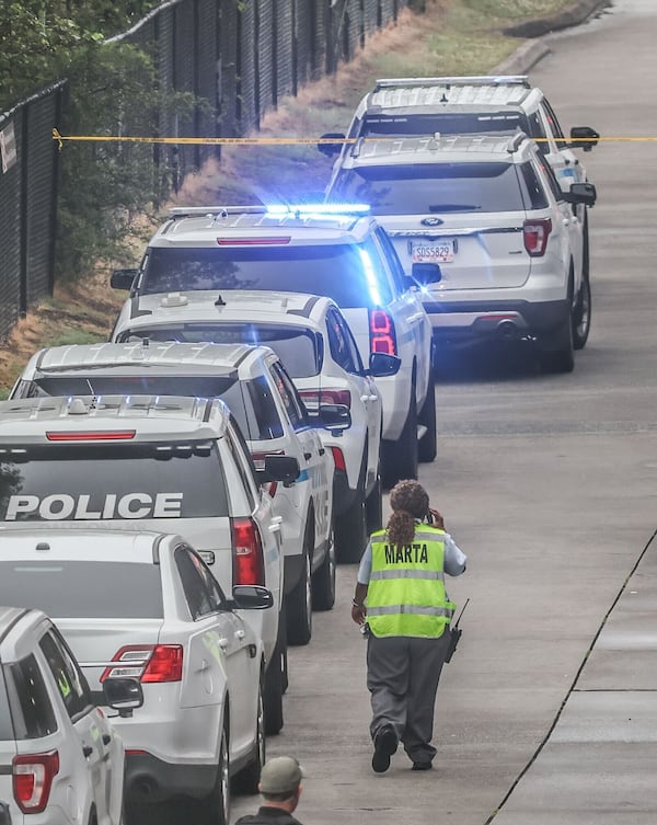 At least 10 MARTA police vehicles were parked outside the East Point station Tuesday. 