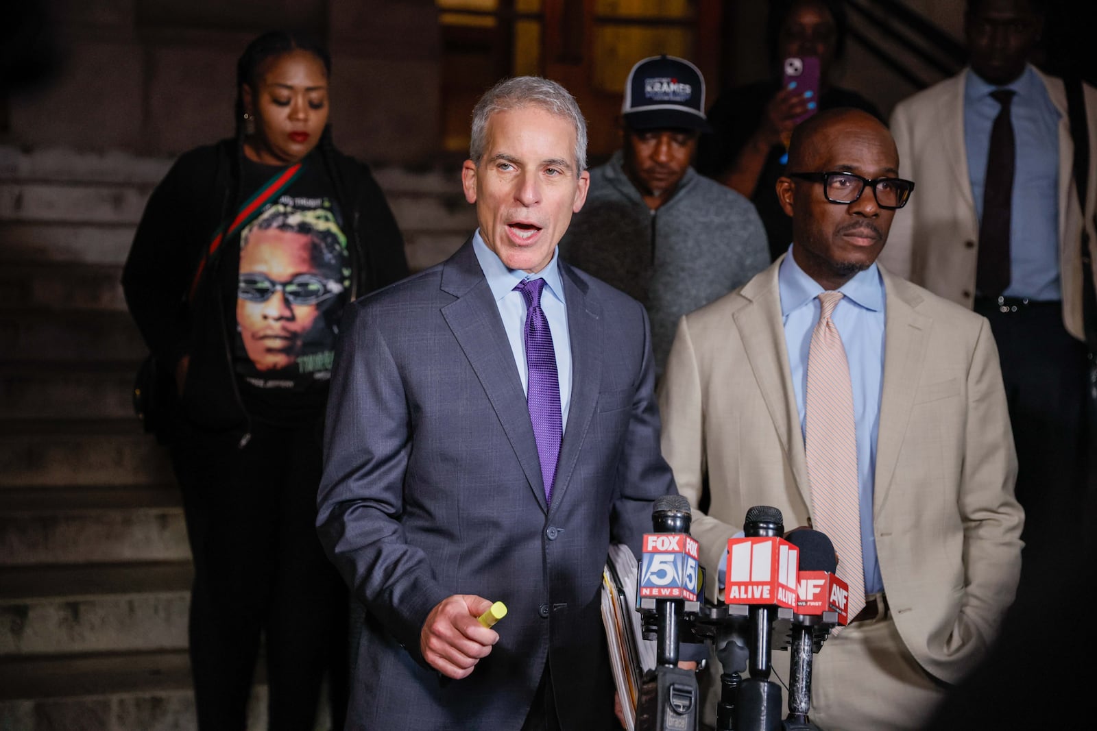 Lawyers representing Young Thug -- Brian Steele, and Keith Adams -- speak to press members outside the Fulton County Superior Court after a judge sentenced him Thursday. Miguel Martinez/AJC