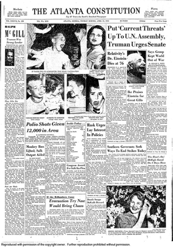 The April 19, 1955, edition of The Atlanta Constitution heralded the arrival of the Salk polio vaccine in Atlanta -- and with it, the usual chorus of hollering and crying that comes with getting a shot.