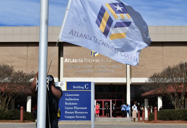 Atlanta Technical College lowered flags to half-staff to honor Hank Aaron's life and impact to the college in 2021. (Hyosub Shin / AJC file photo)