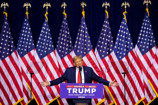 Republican presidential candidate and former president Donald Trump speaks at a campaign rally at Forum River Center in Rome on Saturday, March 9, 2024. (Arvin Temkar / arvin.temkar@ajc.com)