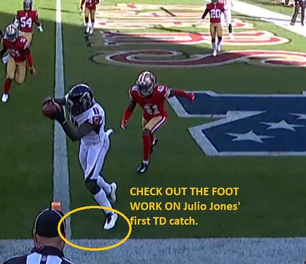 Check out Falcons wide receiver Julio Jones' footwork on his 2-yard touchdown catch in the second quarter. (Fox Sports screen grab from Gamepass.NFL.Com)