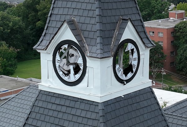 Aerial photograph shows an iconic clock tower that sits atop Fountain Hall has been vandalized at Morris Brown College on Friday, September 16, 2022. (Hyosub Shin / Hyosub.Shin@ajc.com)

