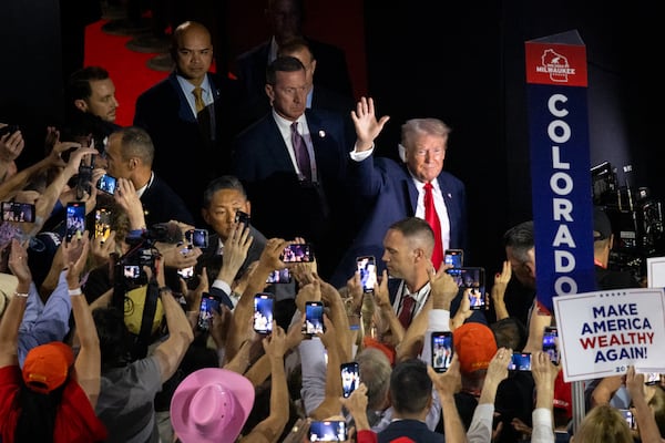 Former president Donald Trump arrives at the Republican National Convention in Milwaukee on Monday.