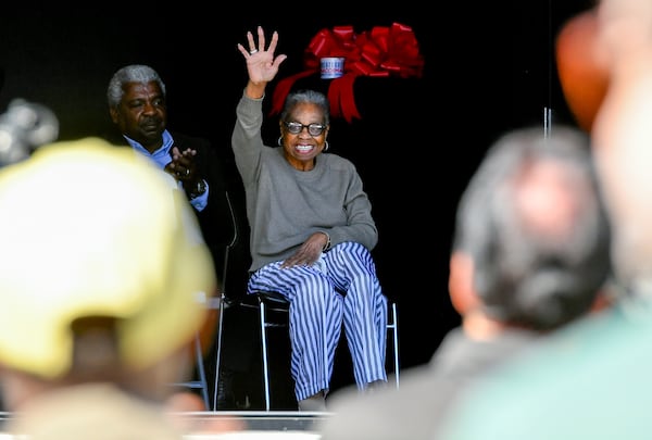 Zelma Redding, Otis Redding's widow, waves to the crowd at Tuesday's ribbon cutting in downtown Macon for the Otis Redding Center for the Arts.
(Jason Vorhees / The Macon Melody newspaper)