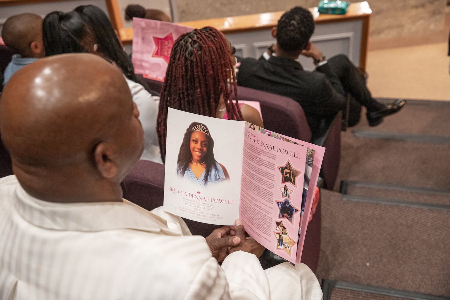 Friends, classmates and members of the community attend Bre’Asia Powell’s memorial service at Jackson Memorial Baptist Church in Atlanta on Saturday, June 3, 2023.  Powell, 16, was fatally shot at a graduation party outside Benjamin E. Mays High School. (Jenni Girtman for The Atlanta Journal-Constitution)