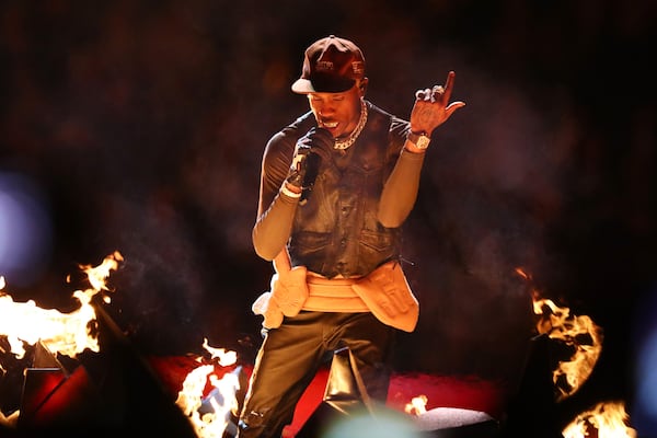 Rapper Travis Scott takes the stage during Maroon 5's Super Bowl LIII Halftime Show on Sunday, Feb. 3, 2019.    (CURTIS COMPTON / CCOMPTON@AJC.COM)