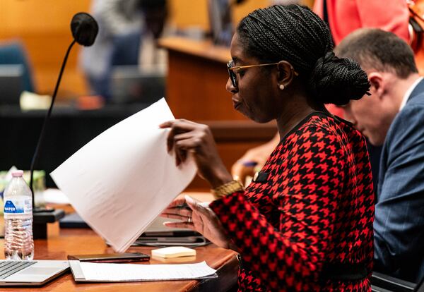 Assistant District Attorney Simone Hylton gathers her notes during the ongoing “Young Slime Life” gang trial at the Fulton County Courthouse in Atlanta on Friday, July 19, 2024. (Seeger Gray / AJC)