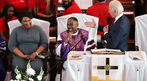 March 1, 2020 Selma: Joe Biden, Former United States Vice-President and Democrat candidate for President, pays compliments to former candidate for governor Stacey Abrams while speaking at Brown Chapel African Methodist Episcopal Church during Selma's re-enactment of Bloody Sunday on Sunday, March 1, 2020, in Selma. Curtis Compton ccompton@ajc.com