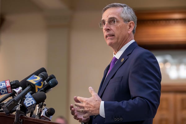 11/04/2020 —  Atlanta, Georgia — Georgia Secretary of State Brad Raffensperger gives an update on the election results during a press conference the day after Election Day at the Georgia State Capitol building in Atlanta, Wednesday, November 4, 2020. Hundreds of thousands of absentee ballots have not been counted, primarily in Fulton and DeKalb County as of last night. Secretary of State Brad Raffensperger said this morning he believes most of the counting will be finished today.  (Alyssa Pointer / Alyssa.Pointer@ajc.com)