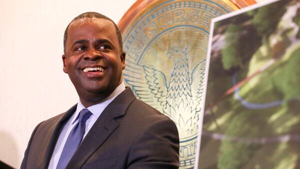 12/29/2017 -- Atlanta, GA, - Atlanta mayor Kasim Reed jokes during his final press conference as mayor at Atlanta City Hall, Friday, December 29, 2017. In addition to unveiling last minute decisions that he oversaw during his time as mayor of Atlanta, Kasim Reed also celebrated with food and a live dj in the auditorium of the building.  ALYSSA POINTER/ALYSSA.POINTER@AJC.COM