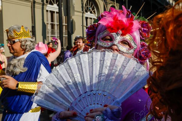 FILE - The French Quarter Madams march through the French Quarter ahead of Fat Tuesday in New Orleans, Friday, Feb. 9, 2024. (Sophia Germer/The Times-Picayune/The New Orleans Advocate via AP, File)