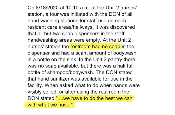 On Aug. 18, inspectors visiting Riverside Health Care Center in Covington found a lack of soap available for handwashing. 