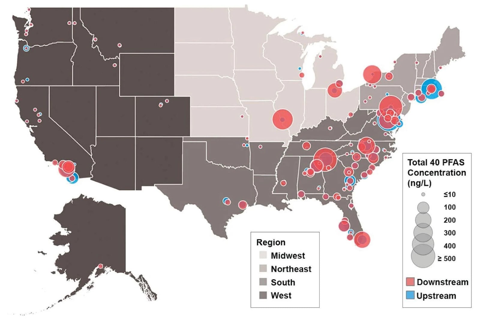 This PFAS heatmap shows total PFAS concentrations in each watershed for upstream sites (blue circles) and for downstream sites (red circles). Circle sizes correlate to measured PFAS concentrations at sampling locations in summer 2022. (Cyclopure PFAS survey report)