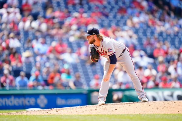 Atlanta Braves' A.J. Minter plays during a baseball game against the Philadelphia Phillies, Thursday, June 10, 2021, in Philadelphia. (AP Photo/Matt Slocum)