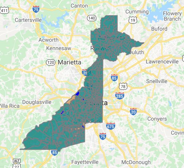 This map from the Georgia Secretary of State's office shows the precincts Fani Willis carried in teal, and those Paul Howard did, in blue. The tan precincts were a tie.