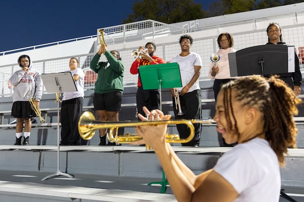 Clark Atlanta University marching band trumpet players practice at Panther Stadium at Clark Atlanta University in Atlanta on Thursday, October 10, 2024. (Arvin Temkar / AJC)