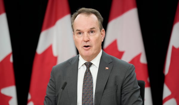 Canada Labour Minister Steven MacKinnon speaks with media during a news conference, Tuesday, Nov. 12, 2024, in Ottawa. (Adrian Wyld/The Canadian Press via AP)