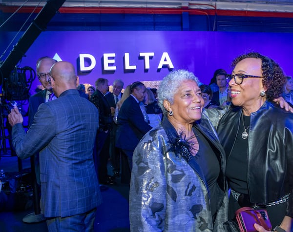 Delta Air Lines celebrates its 100-year anniversary on Saturday, March 15, 2025, at the Delta Flight Museum. Former Mayor Shirley Franklin is with Kathy Waller, a member of the Delta board of directors. (Jenni Girtman for The Atlanta Journal-Constitution)