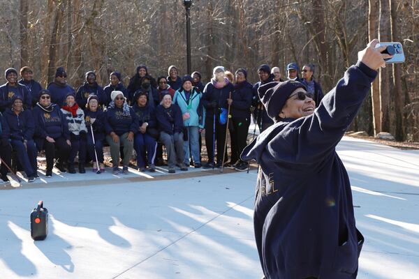 Photographer Susan “Sue” Ross takes a selfie with her walking group The Nature Girlz at Cascade Springs Preserve in Atlanta on Friday, Feb 2, 2024. (Natrice Miller/ Natrice.miller@ajc.com)