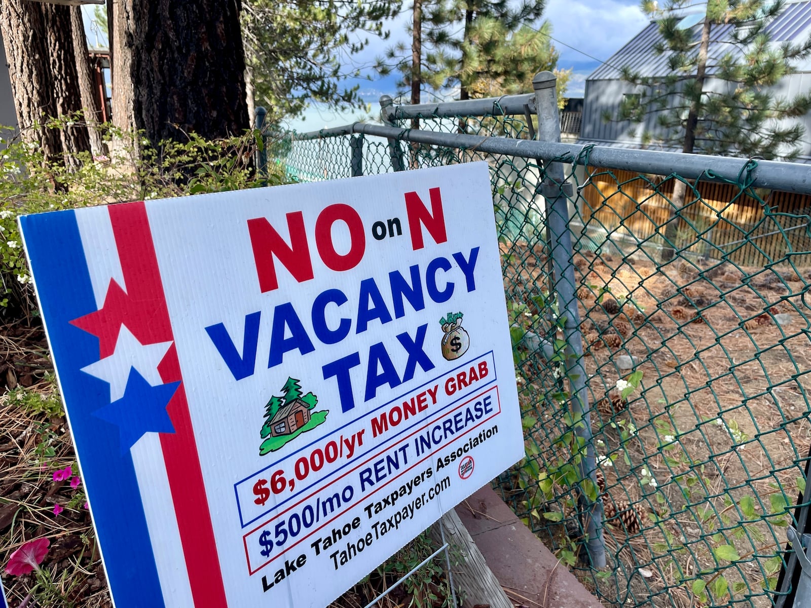 A "No on Measure N" sign sits in front of a home in South Lake Tahoe, Calif. on Thursday, Oct. 17, 2024, where voters will decide whether to approve Measure N, which will mandate a tax to homeowners who leave their homes vacant for more than half the year. (AP Photo/Haven Daley)