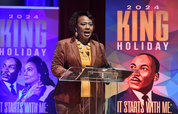 Bernice King, CEO of The Martin Luther King Jr. Center, speaks to members of the press during a press conference to unveil details of 2024 King Holiday Observance at The King Center, Thursday, December 4, 2024, in Atlanta. (Hyosub Shin / Hyosub.Shin@ajc.com)