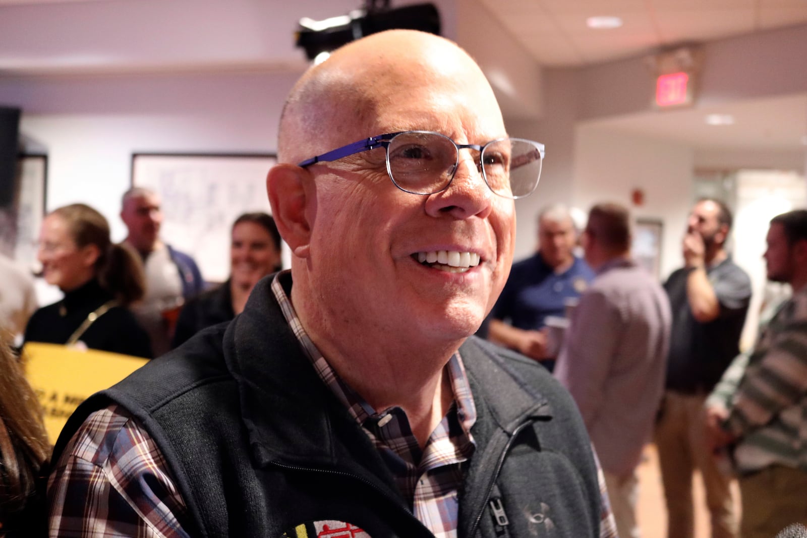 Republican former Gov. Larry Hogan, who is running for U.S. Senate, talks to reporters after a campaign stop with supporters in Millersville, Md., Thursday, Oct. 24, 2024. (AP Photo/Brian Witte)