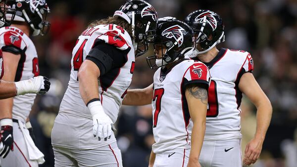 Falcons kicker Younghoe Koo is congratulated by teammates after knocking through a field goal during the second half against the New Orleans Saints Nov. 10, 2019, at the Mercedes Benz Superdome in New Orleans.