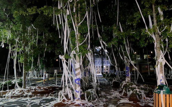 Toilet paper is left in the Marietta High School parking lot on Tuesday, Aug. 3, 2021, after incoming seniors continued the pranking tradition. Today marks the first day of school for the students. (Christine Tannous / christine.tannous@ajc.com)