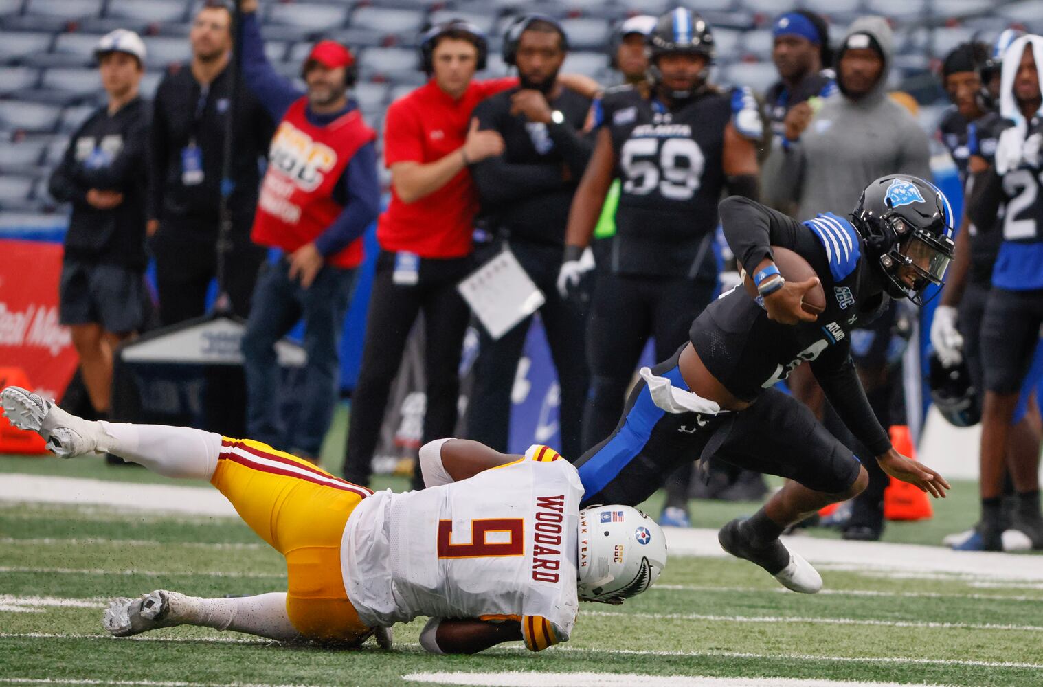 Georgia State Panthers quarterback Darren Grainger (3) is stopped on a fourth-down keeper.  (Bob Andres for the Atlanta Journal Constitution)