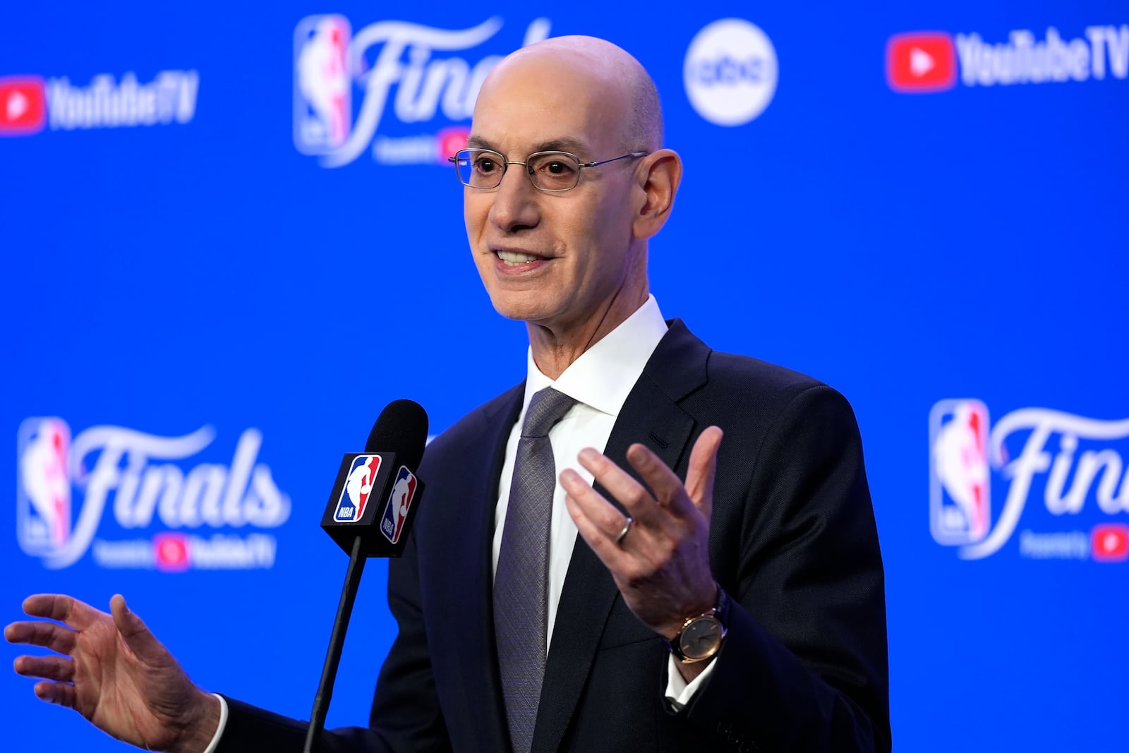 FILE - NBA Commissioner Adam Silver talks to reporters, June 6, 2024, in Boston. (AP Photo/Charles Krupa, File)