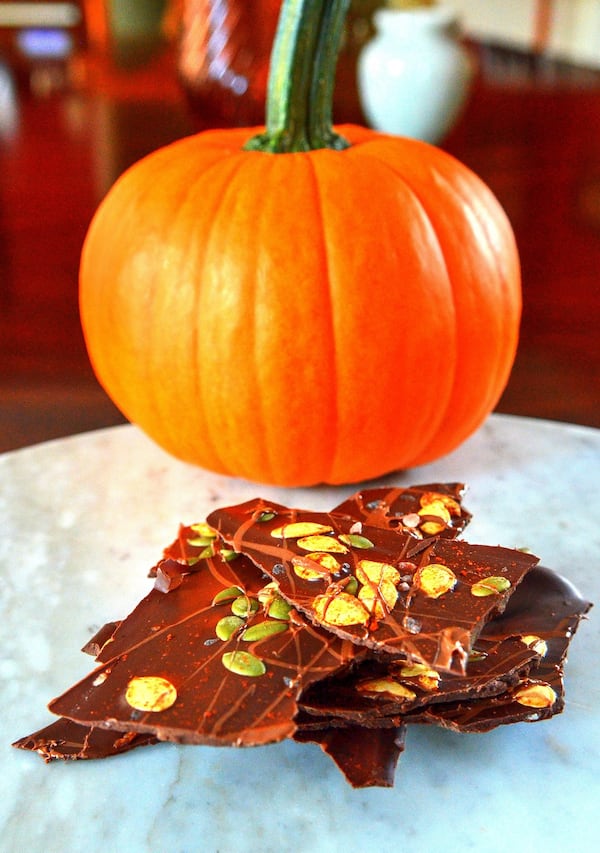 Dark Chocolate Bark with Roasted Pumpkin Seeds, Pepitas, 5-Chile Powder and Sea Salt. STYLING BY MERIDITH FORD / CONTRIBUTED BY CHRIS HUNT PHOTOGRAPHY